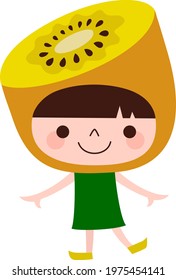 Golden kiwifruit character. Illustration of a child dancing happily with a kiwifruit headgear.