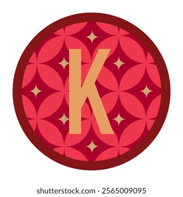 Golden K-letter emblem on a red circular design, highlighted by symmetrical floral patterns, symbolizing elegance and creative artistry.