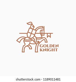 Golden knight logo design template in linear style. Vector illustration.