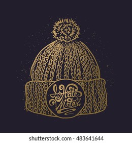 Golden Knitted Cap Sketch. Hand-drawn Winter Hat With Lettering I Hate Winter