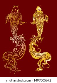 Golden Koi carp on red background for auspiciousness of Chinese new year.Gold fish for festival on backdrops.Beautiful line art of koi fish.Symbol culture of Japan.