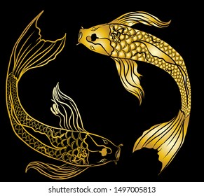 Golden Koi carp on red background for auspiciousness of Chinese new year.Gold fish for festival on backdrops.Beautiful line art of koi fish.