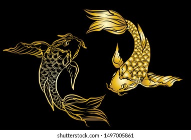 Golden Koi carp on red background for auspiciousness of Chinese new year.Gold fish for festival on backdrops.Beautiful line art of koi fish.