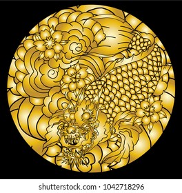 Golden koi dragon with cherry blossom and wave in circle.koi fish in water circle with Sakura flower. Japanese carp line drawing coloring book vector image.