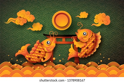 Pescado koi dorado con luna llena: Festival de Mediados de Otoño (Chuseok)