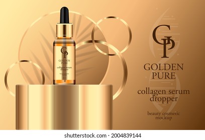 golden korean traditional style of beauty fashion cosmetic serum dropper medical skincare, mockup product, vector illustration