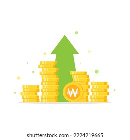golden korean won coins stack with arrow up. Flat icon isolated on white. Economy, finance, money, investment symbol. Currency growth diagram concept. Vector illustration.