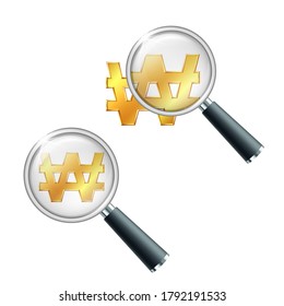 Golden korean won currency sign with magnifying glass. Search or check financial stability. Vector illustration isolated on white background