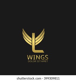 Golden L letter logo template with golden wings