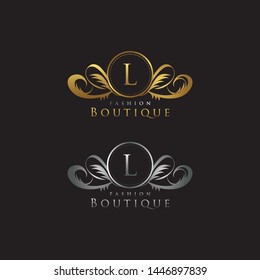 Golden L Letter Luxury Boutique , Heraldic, Royal, Decoration, Boutique Logo. Interior Icon. Fashion, Jewelry, Beauty Salon, Hotel Logo. Cosmetics, Spa Logo. Resort and Restaurant Logo. 