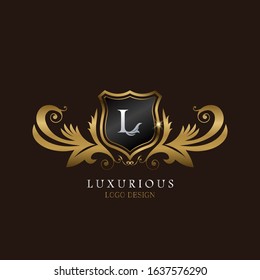 Golden  L Logo Luxurious Shield, creative vector design concept for luxury business indentity.