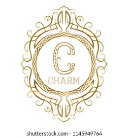 Golden label for charm boutique. Vector monogram logo in vintage patterned frame.