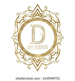 Golden label for delicious boutique. Vector monogram logo in vintage patterned frame.