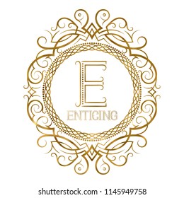 Golden label for enticing boutique. Vector monogram logo in vintage patterned frame.
