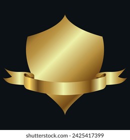 Etiqueta dorada en forma de escudo y cinta dorada para texto. Vector sobre un fondo negro