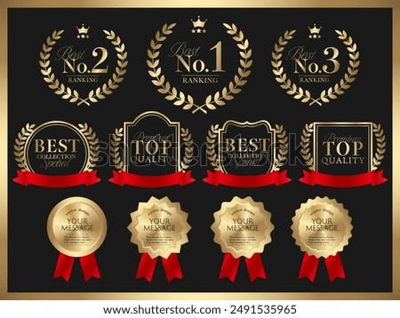 Golden label frame set with laurel and red ribbon