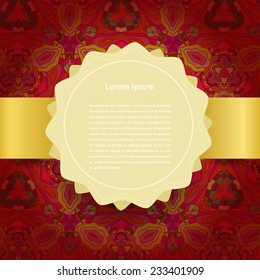 Golden label on a red abstract background. Vector illustration.