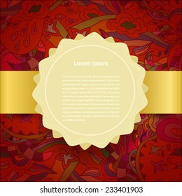 Golden label on the red floral background. Vector illustration.