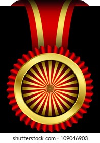 Golden label with red ribbon, vector illustration
