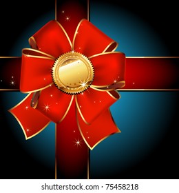 golden label with red ribbons