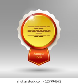 Golden label for sample text with red ribbon on a white background. Vector illustration. EPS 10