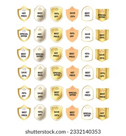 Golden label set: best, hot price, VIP, buy now, premium quality, best deal, best offer icons, Set of sale, buy now, new, half price banner in gold and silver color.