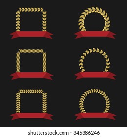 Golden label set with red ribbons. Best, victory, success, award concept
