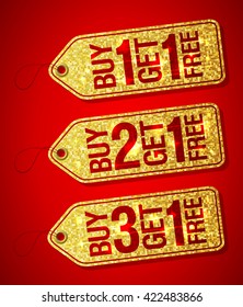 Golden Label Tags Set - Buy One Get One Free, Buy Two Get One Free, Buy Three Get One Free, Promotional Sale Labels Set