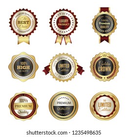 Golden labels badges. Premium service crown luxury best choice stamp templates vector design of colored logos