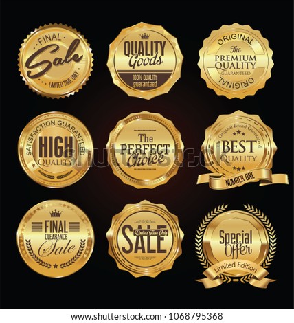 Golden labels and badges vector illustration collection