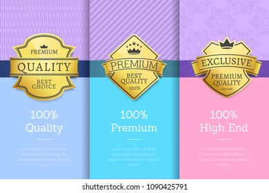 Golden labels with crown 100% quality premium exclusive high end product set of emblems on posters with text sample, vector color guarantee certificates