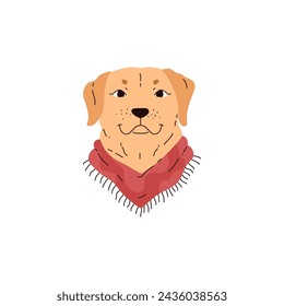 Golden labrador head with red bandana. Vector illustration of an adorable pet on an isolated background. The flat icon is ideal for dog-themed projects.