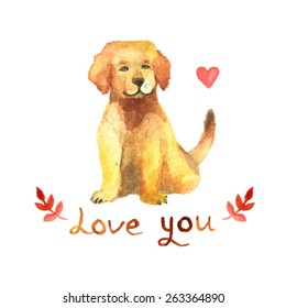 golden labrador retriever puppy. Love you illustration. Charming puppy. Realistic golden labrador. Watercolor background with dog, heart, leaf.