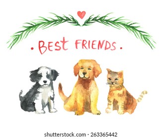 golden labrador retriever puppy and tricolor havanese and cat. Best friends illustration. Charming puppy. Realistic golden labrador. Watercolor background with dog and cat