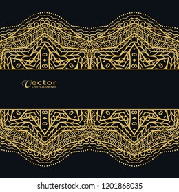 Golden lace border on black background. Abstract geometric doodle line ornament. Wedding invitation or greeting card design. Vintage luxury postcard, ornate page cover, black and gold illustration