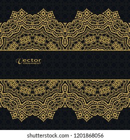 Golden lace border on black background. Abstract geometric doodle line ornament. Wedding invitation or greeting card design. Vintage luxury postcard, ornate page cover, black and gold illustration