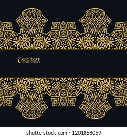Golden lace border on black background. Abstract geometric doodle line ornament. Wedding invitation or greeting card design. Vintage luxury postcard, ornate page cover, black and gold illustration