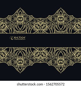 Golden lace border on black background. Abstract geometric doodle line ornament. Wedding invitation or greeting card design. Vintage luxury postcard, ornate page cover, black and gold illustration
