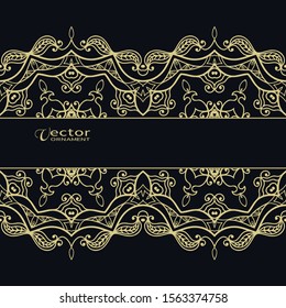 Golden lace border on black background. Abstract geometric doodle line ornament. Wedding invitation or greeting card design. Vintage luxury postcard, ornate page cover, black and gold illustration