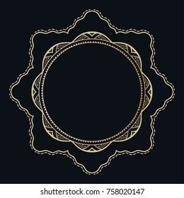 Golden lace frame with place for text or monogram. Decorative line art border, geometric round ornament, linear circular motif. Isolated design element, gold on black background. Fashion collection