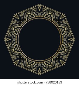 Golden lace frame with place for text or monogram. Decorative line art border, geometric round ornament, linear circular motif. Isolated design element, gold on black background. Fashion collection