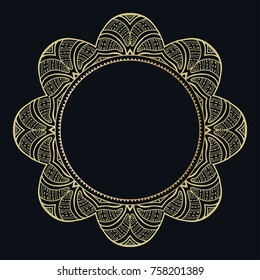 Golden lace frame with place for text or monogram. Decorative line art border, geometric round ornament, linear circular motif. Isolated design element, gold on black background. Fashion collection