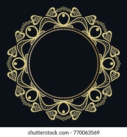 Golden lace frame with place for text or monogram. Decorative line art border, geometric round ornament, linear circular motif. Isolated design element, gold on black background. Fashion collection