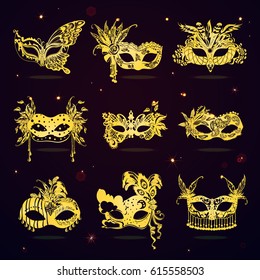 Golden lace masquerade party masks set in cartoon style on dark background isolated vector illustration 