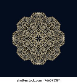 Golden lace ornamental vector rosette - mandala on black background