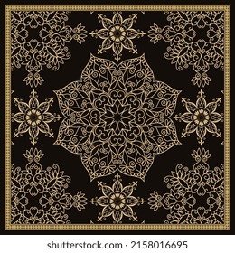 Golden lace pattern on a black background with a decorative frame. Print for scarf, handkerchief, pillow, napkin, carpet in vector. Vintage style.