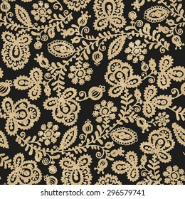 Golden lace vector design. Vector illustration seamless pattern. Old lace background, ornamental flowers like the embroidery in Russian style. Backdrop for wedding invintation and retro cards