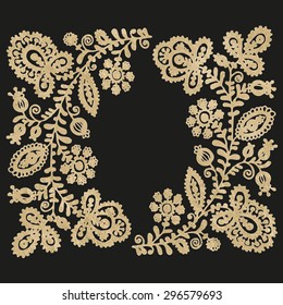 Golden lace vector design. Old lace background, ornamental flowers like the embroidery in Russian style. Floral background. Backdrop for wedding invitation and retro cards