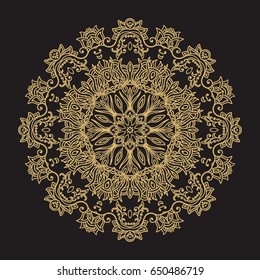Golden lace vector rosette - mandala on black background