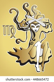 Golden lady, virgo zodiac sign. Queen of Spades. Psychedelic, abstract gothic girl in surreal style. Gold black woman on a gold background, luxury design. For the design of astrology, tattoo, card